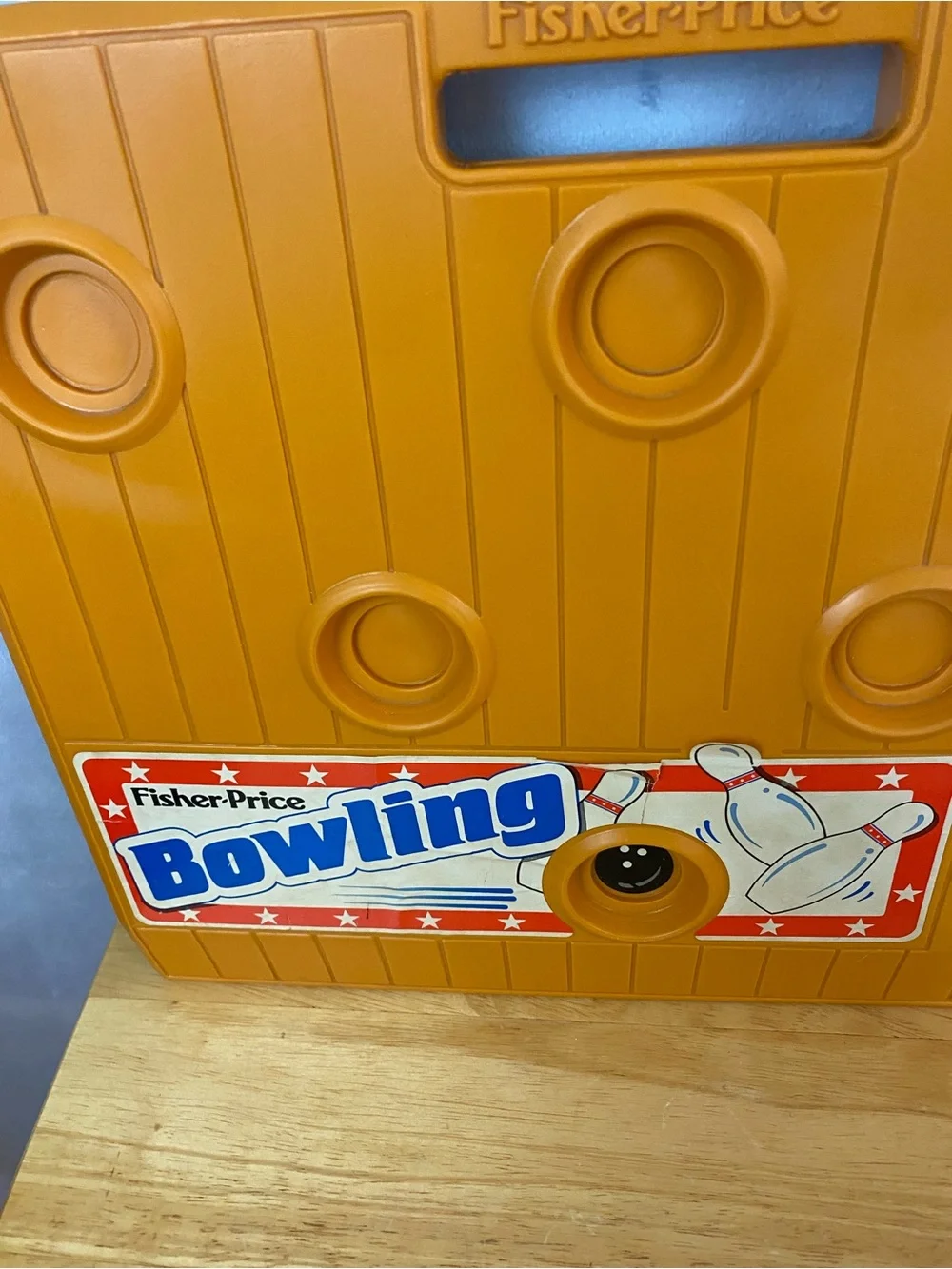 Vintage 1987 Fisher-Price White Pin Bowling Set with Red Ball on Orange Base